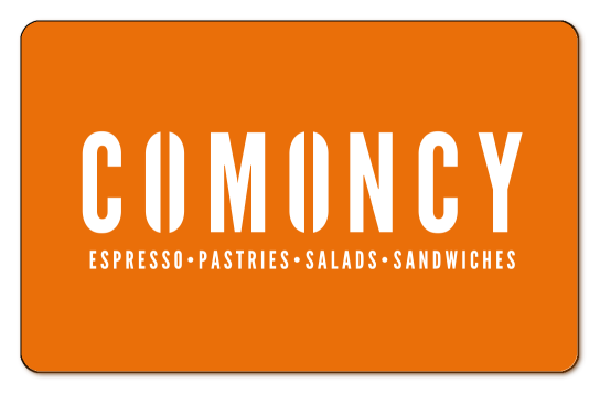 comoncy white logo on orange background